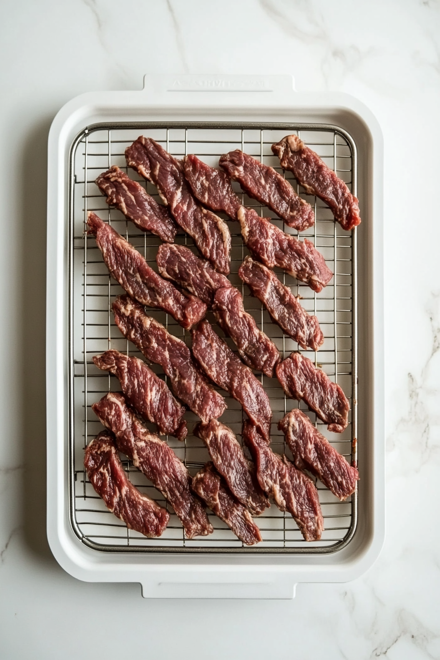 Dry the beef strips either in a dehydrator or in the oven at a low temperature until completely dried.