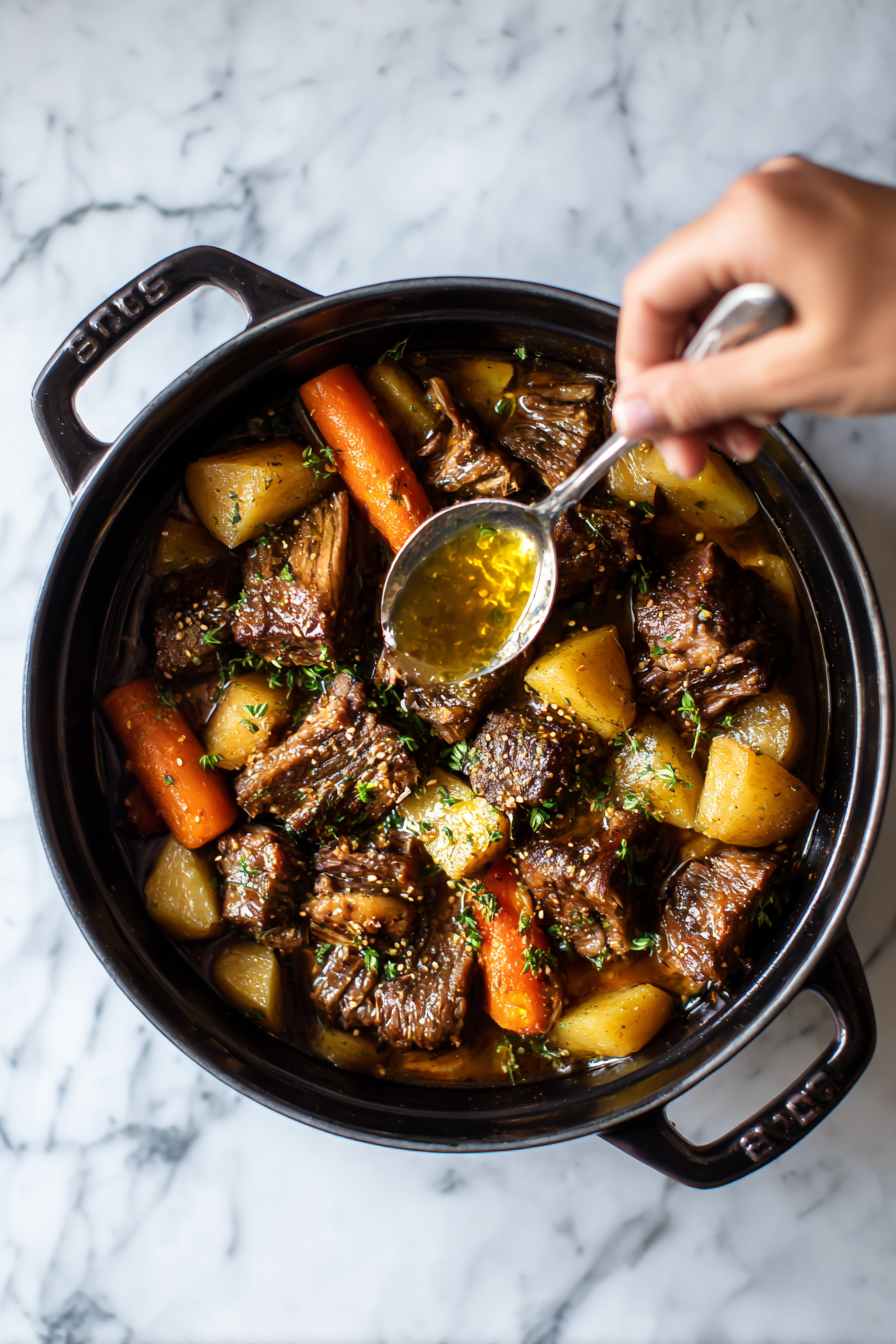 Finish: Once the beef is tender and the sauce has thickened to your liking, drizzle sesame oil over the top and give it a gentle stir to incorporate.