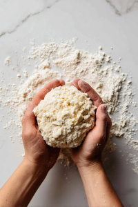 Tip the crumbly dough onto a surface, press together to form a ball, and knead until it becomes a proper dough. Do not over-knead. Let it rest for 15-20 minutes.