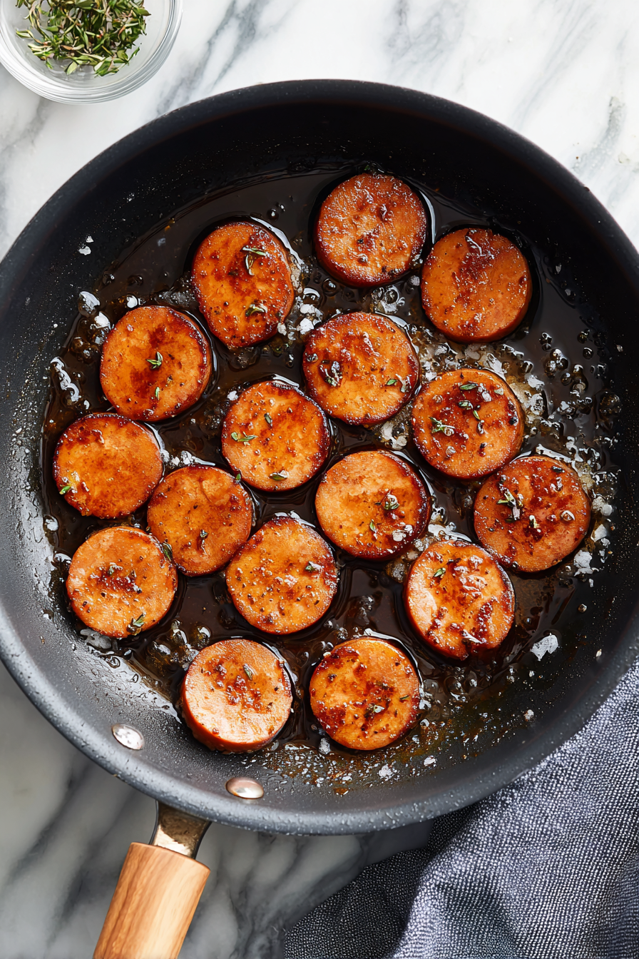 In a skillet, fry the marinated Spam slices until they are crispy and golden brown on both sides.