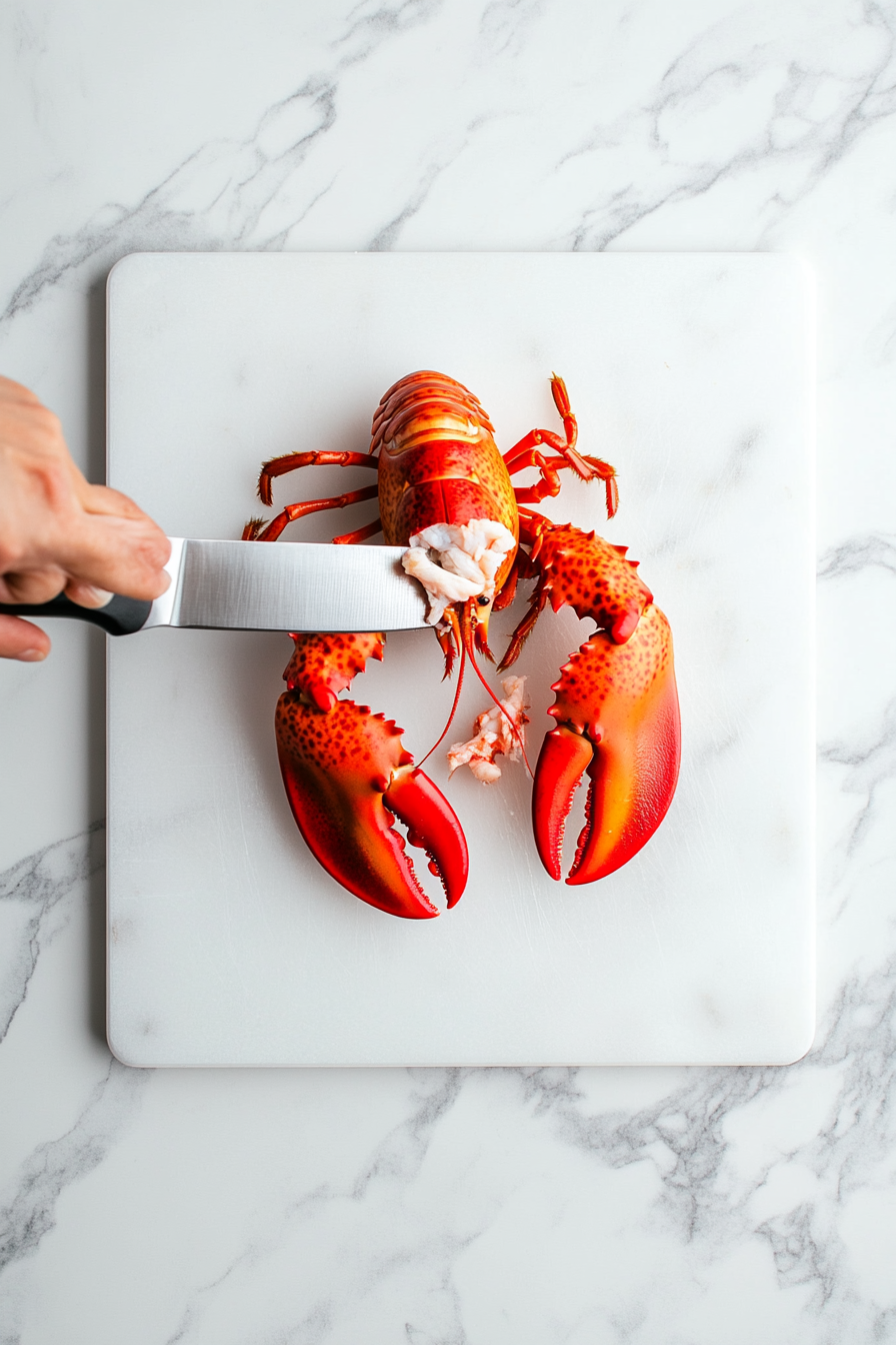 This image shows the lobster being carefully halved and the meat removed from the claws, tail, and head, ready to be cut into pieces for the decadent lobster thermidor recipe.