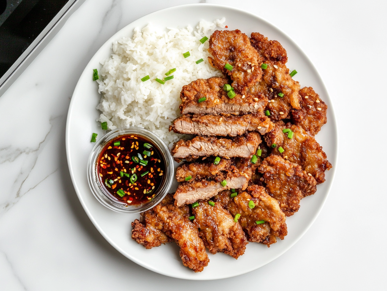Hawaii-Style Meat Jun Recipe Served with Rice and Dipping Sauce