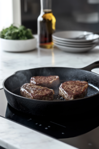Heating a Cast Iron Skillet to High Temperatures for Cooking Steaks for the Bacon and Tomato Balsamic Steak Recipe