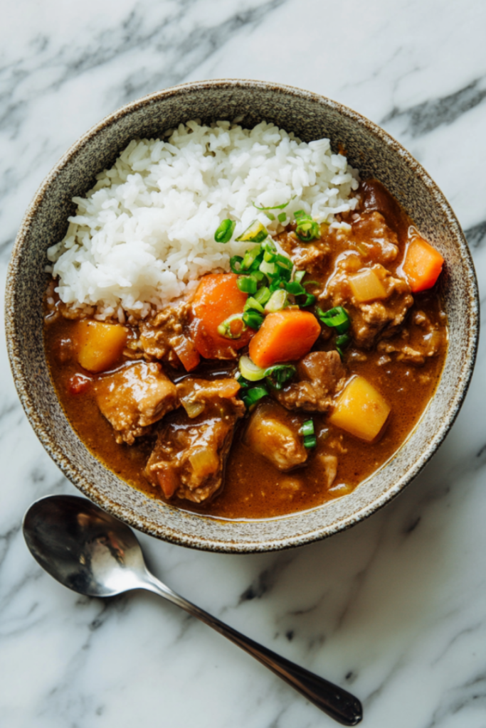 the image shows japanese pork curry ready to serve with rice.