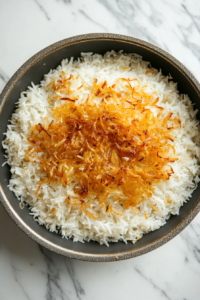 Layering Saffron Rice with Onion and Dried Fruit Mixture in Cooking Pan