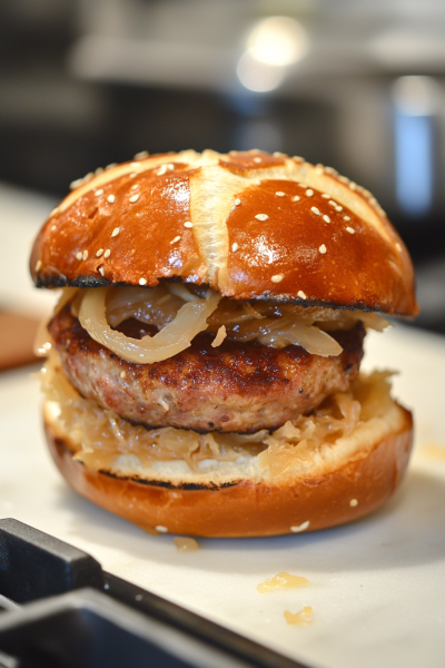 Layering pork burger with cheese caramelized onions sauerkraut and pretzel bun