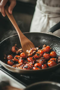 Mixing Garlic and Balsamic Vinegar with Bacon and Tomatoes for the Bacon and Tomato Balsamic Steak Recipe
