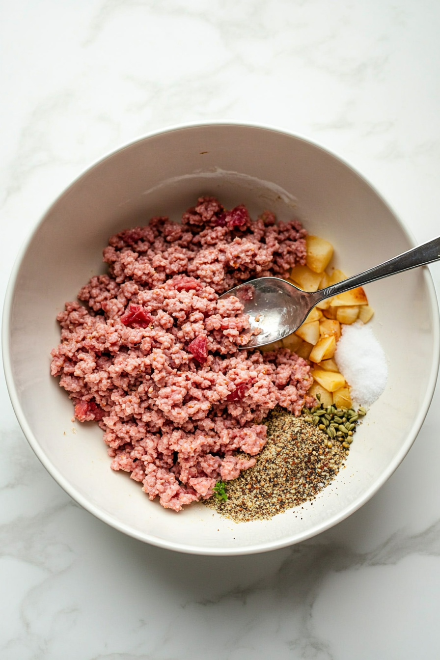 Mixing ground pork with ginger white pepper allspice