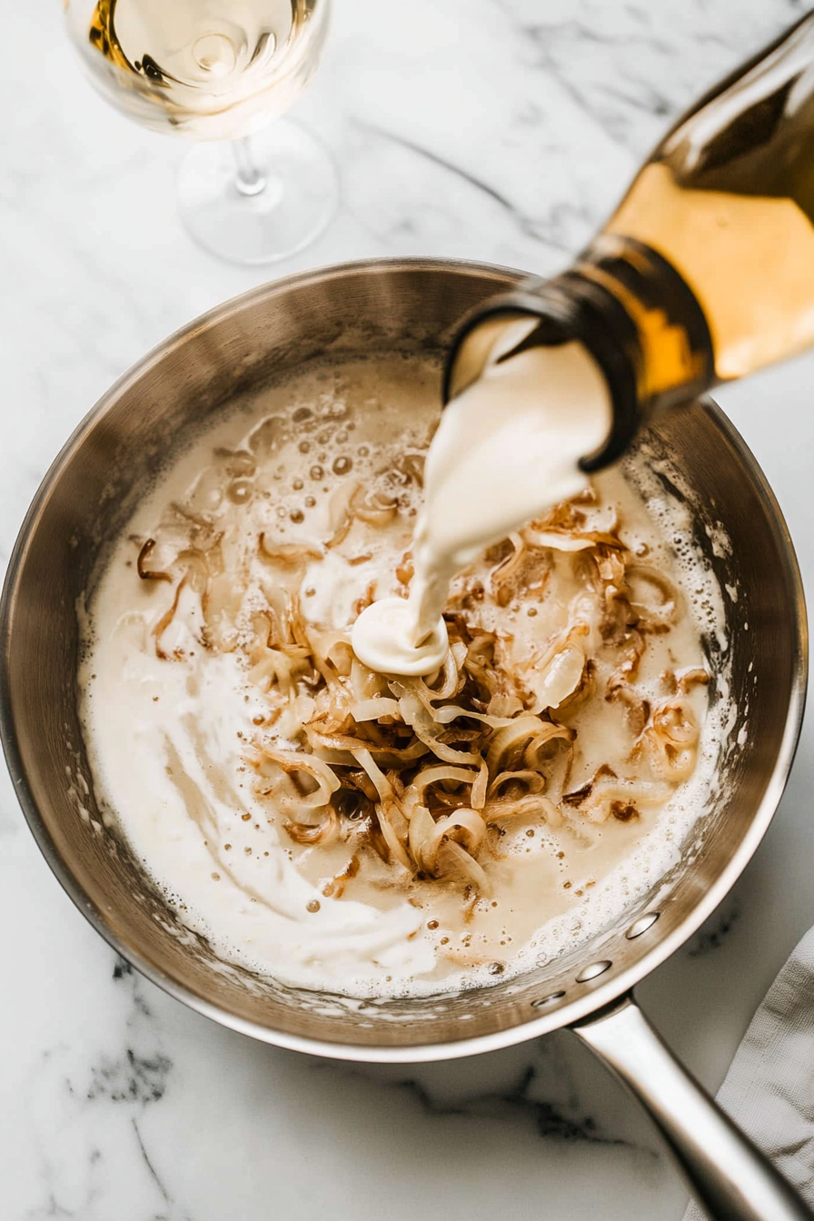 This image shows fish stock, white wine, and heavy cream being combined in a skillet, slowly simmering and reducing to create the rich and creamy sauce for lobster thermidor.