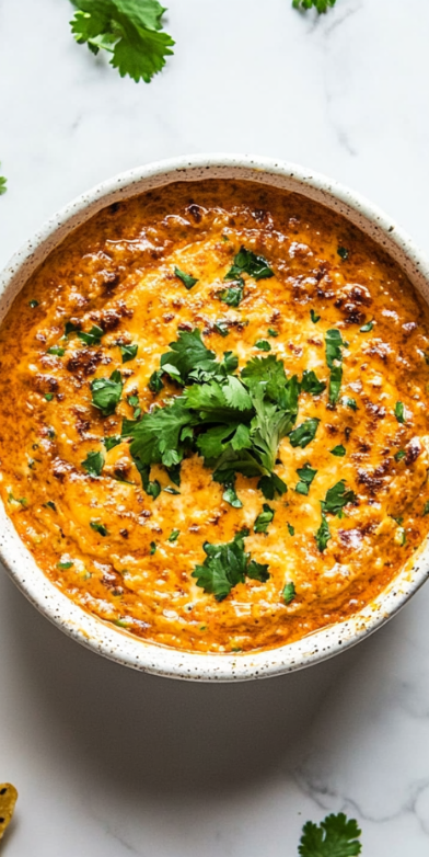 A vibrant pot filled with a creamy, smooth Velveeta cheese sauce made with Rotel tomatoes and green chilies, garnished with fresh cilantro. This delicious cheese sauce is ready to serve as a dip or topping for your favorite snacks.
