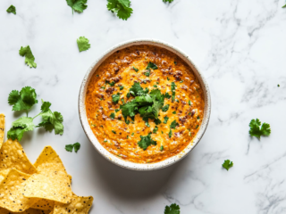 A vibrant pot filled with a creamy, smooth Velveeta cheese sauce made with Rotel tomatoes and green chilies, garnished with fresh cilantro. This delicious cheese sauce is ready to serve as a dip or topping for your favorite snacks.
