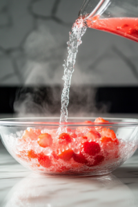 Pouring Boiling Water into Strawberry Gelatin Mixture