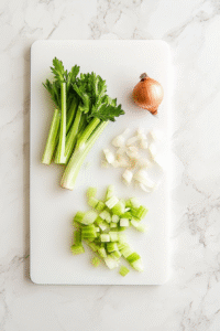 Prepare ingredients: Chop onions, carrots, celery, and any other vegetables. If using meat, dice it into small pieces.
