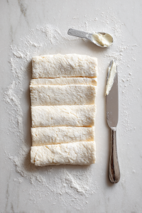 Roll the dough thinly into a rectangle (½ cm). Cut it lengthwise into 2 equal parts.