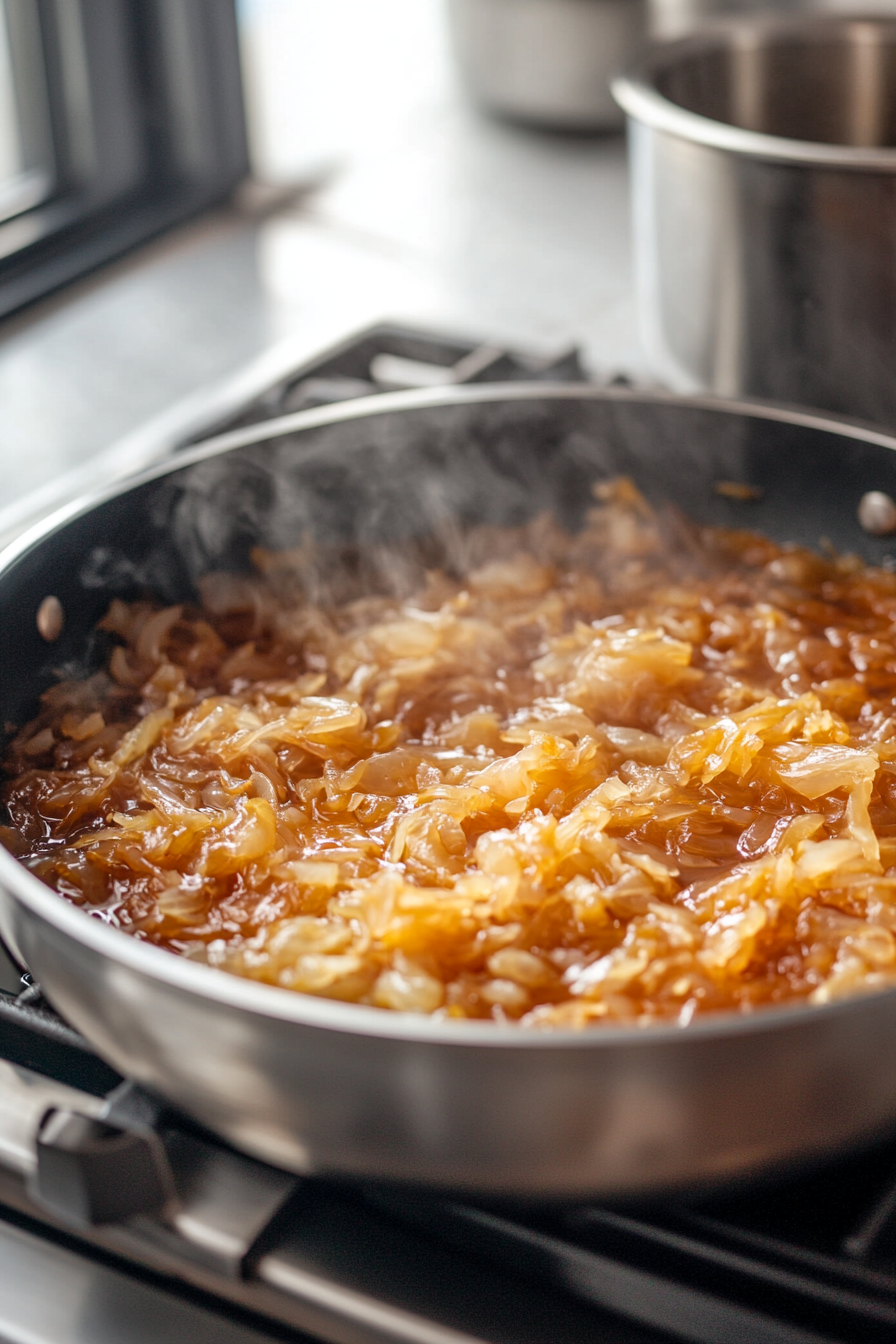 Sauerkraut and beer simmering with caramelized onions for a tangy burger topping