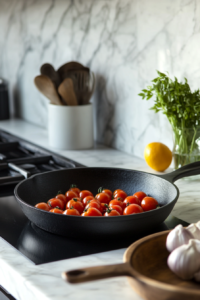 Sautéing Juicy Cherry Tomatoes in a Hot Skillet for the Bacon and Tomato Balsamic Steak Recipe