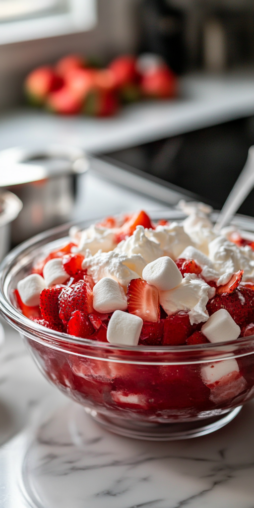 Serving Strawberry Jello Salad into Bowls