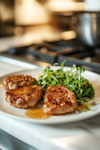 Serving the Pork Chops with Pea Shoot Salad and Honey Mustard Sauce