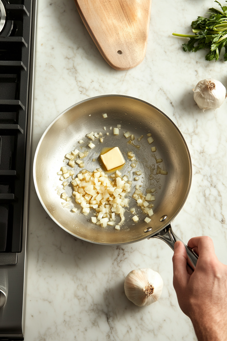This image shows finely chopped shallots sizzling in melted butter in a skillet, being cooked until soft and fragrant for the lobster thermidor sauce.