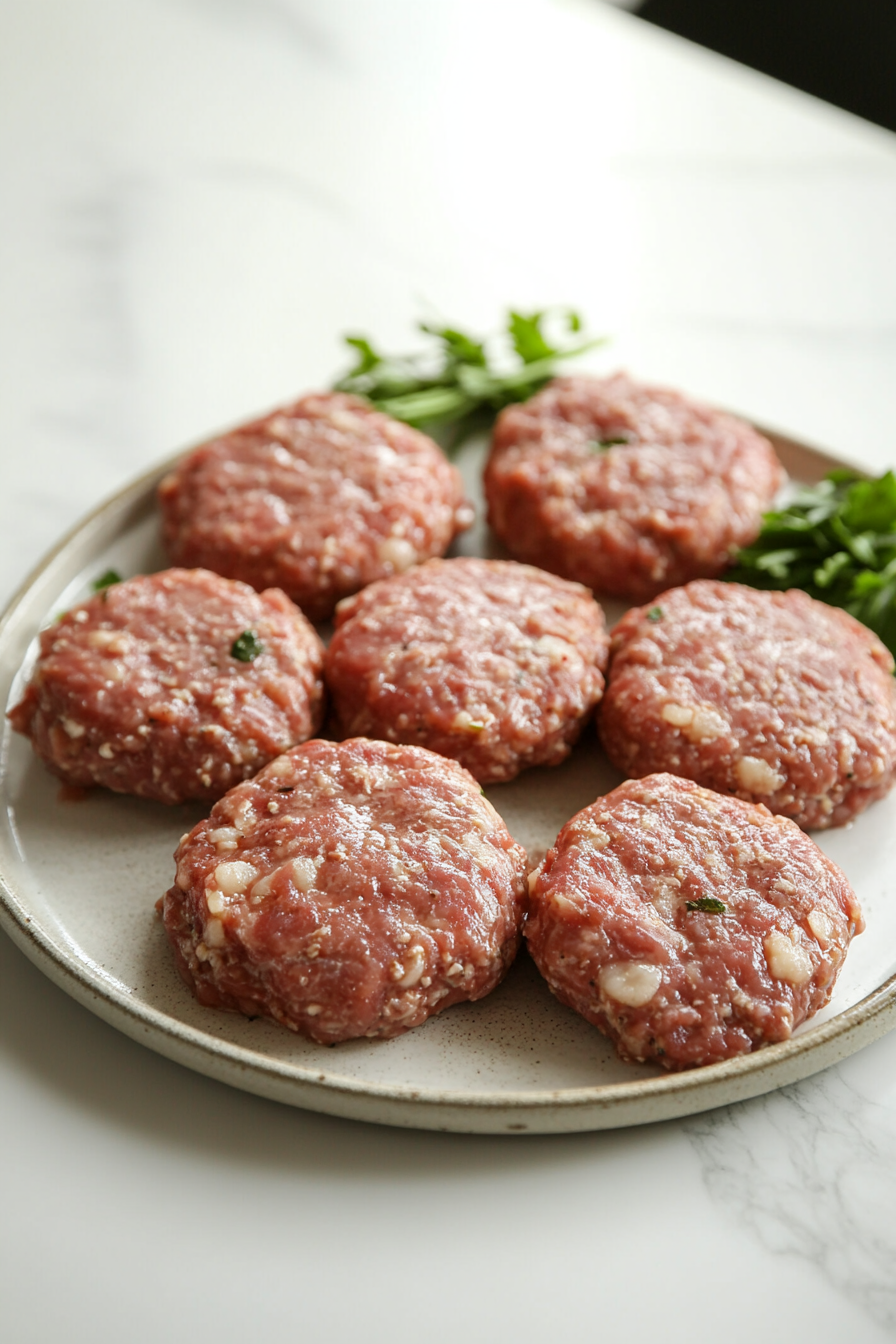 Shaping seasoned pork into thick burger patties ready for cooking