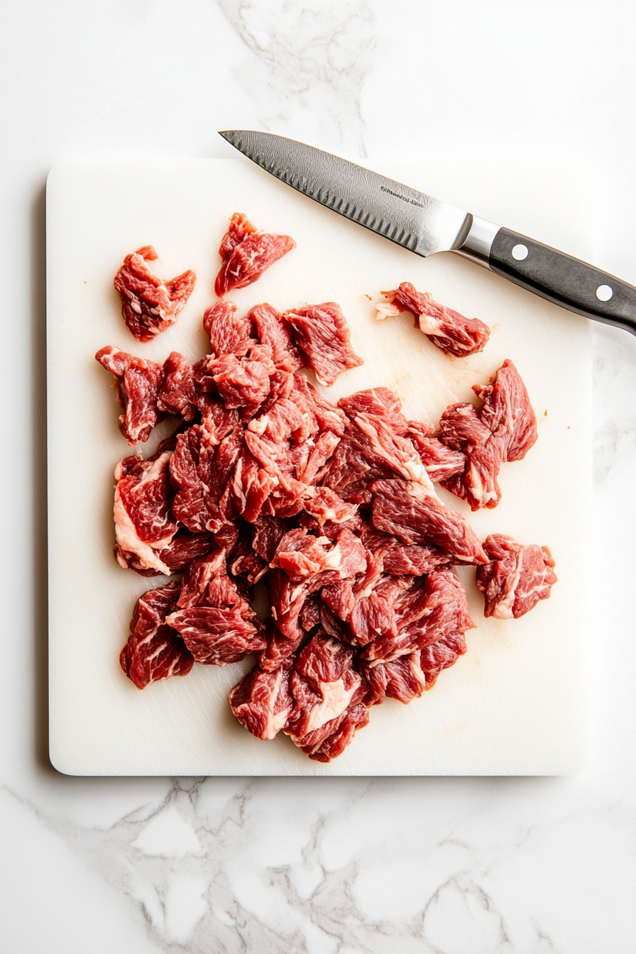 Start by finely shredding the beef into thin strips.