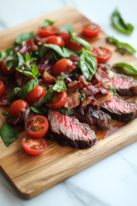 Slicing Seared Steaks and Preparing to Serve with Tomato Bacon Relish for the Bacon and Tomato Balsamic Steak Recipe