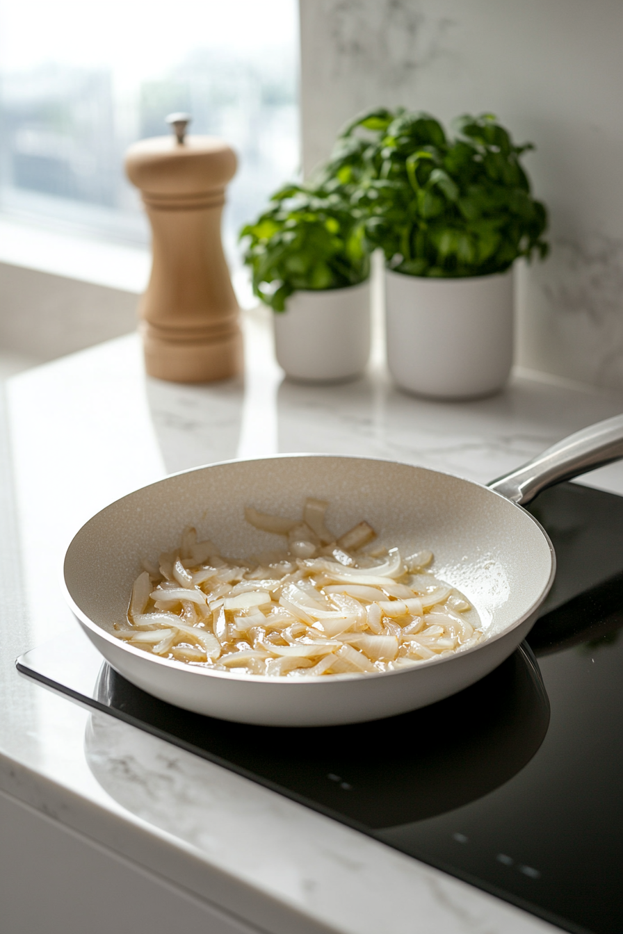 Slow-cooking onions in butter until golden for sweet caramelized flavor in pork burgers
