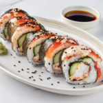 A clean and simple top-down photo of sushi rolls sliced and arranged neatly on a white ceramic plate. Each roll contains sushi rice, spicy crab filling, and cucumber wrapped in nori, topped with black sesame seeds. The setup includes a small bowl of soy sauce and wasabi. The scene is minimal with a white marble background, making the sushi the hero of the shot.
