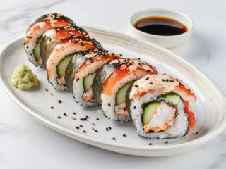 A clean and simple top-down photo of sushi rolls sliced and arranged neatly on a white ceramic plate. Each roll contains sushi rice, spicy crab filling, and cucumber wrapped in nori, topped with black sesame seeds. The setup includes a small bowl of soy sauce and wasabi. The scene is minimal with a white marble background, making the sushi the hero of the shot.
