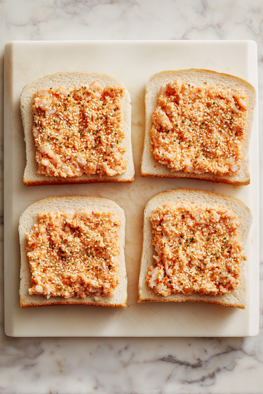 Spread shrimp mixture on bread, invert into sesame seeds, and cut into triangles.