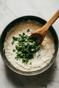 Fresh cilantro is stirred into the melted cheese sauce, adding a burst of freshness and flavor. Additional salt and pepper are added to taste, ensuring the sauce is perfectly seasoned.