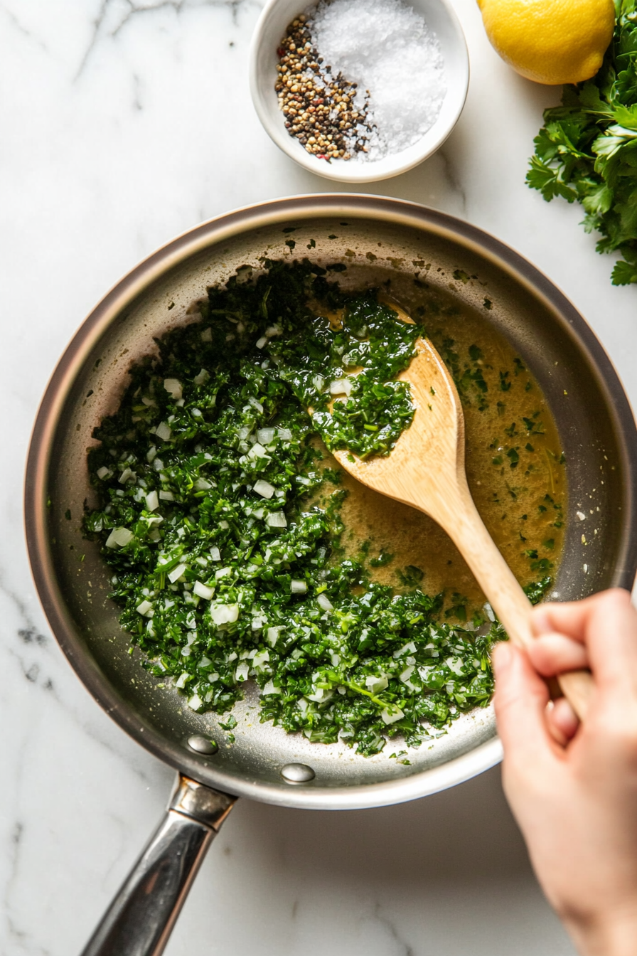 This image shows fresh parsley, lemon juice, mustard, and seasonings being stirred into the sauce, adding a burst of flavor to the rich mixture that will coat the lobster meat.