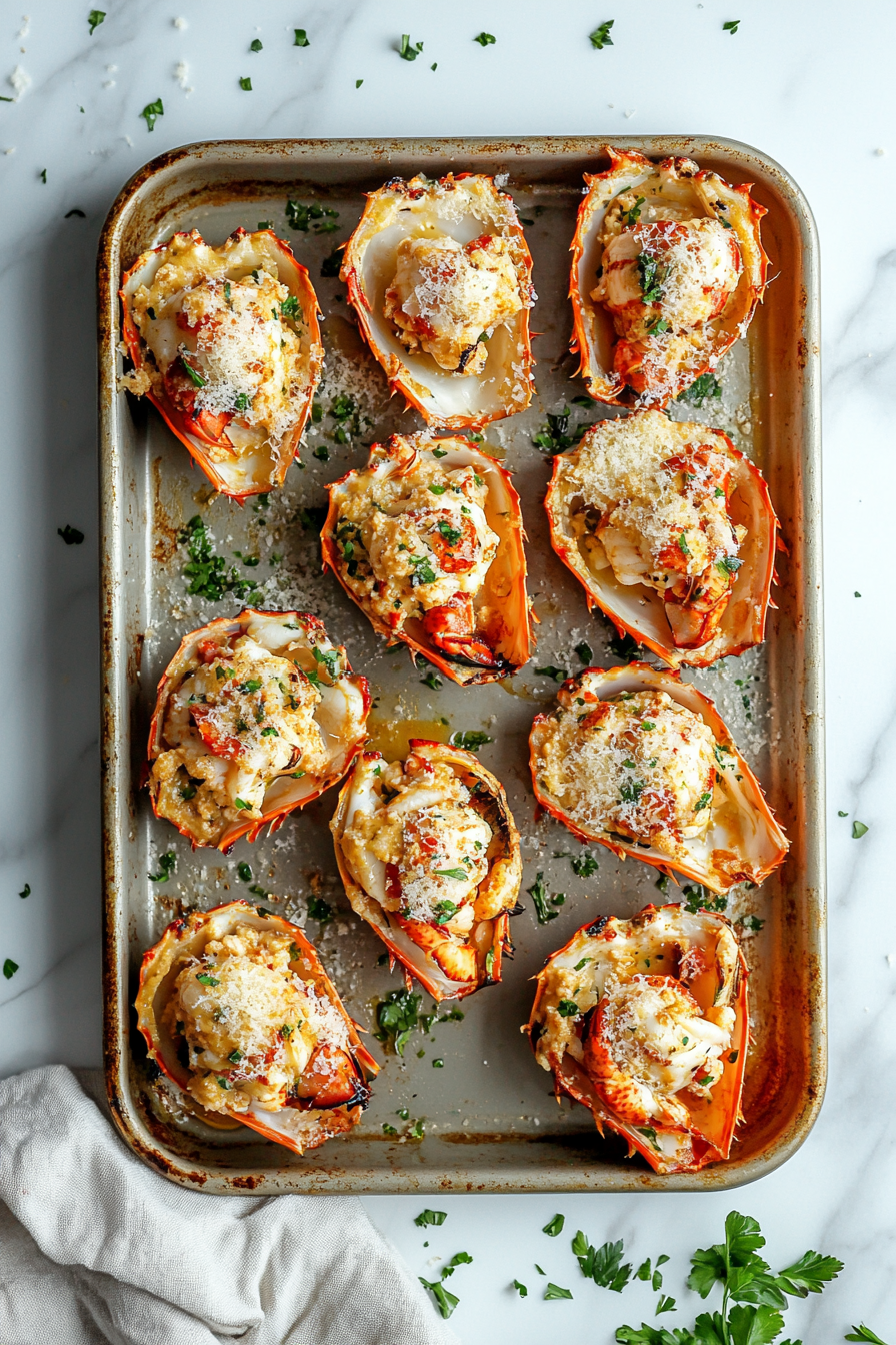 This image shows the cooked lobster meat being placed back into the lobster shells and topped with the creamy sauce, ready for the final broiling step.