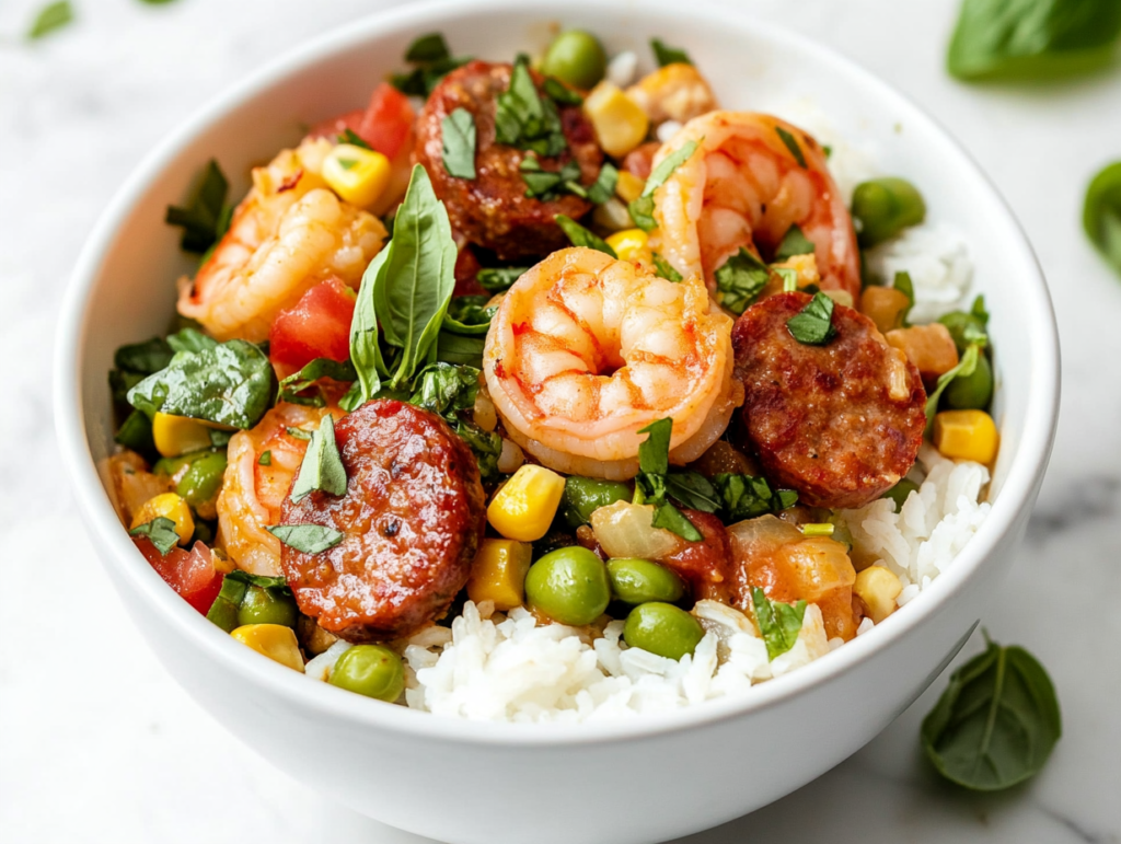A top-down view of the final shrimp and sausage succotash served over a fluffy bed of white rice in a clean white ceramic bowl. The vibrant dish features golden andouille sausage slices, tender shrimp, lima beans, corn, and tomatoes, garnished beautifully with fresh torn basil. Presented on a spotless white marble countertop, this hearty Southern-style dish looks comforting, well-balanced, and flavorful, perfect for a delicious family meal or dinner party.