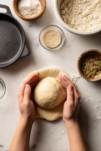 Spread a thin layer of shortening over the dough. Roll each cut tightly to form a cylinder, then cut into 16 pieces. Rest for 5-10 minutes. Flatten a piece of dough, wrap it around a ball of filling, and pinch the edges together. Roll in your palms, then dip one side in sesame seeds.
