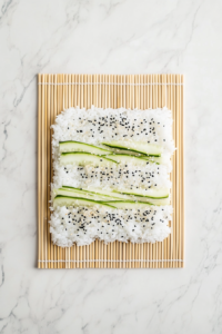 This detailed top-down image shows a layer of sticky sushi rice spread evenly over a nori sheet laid on a bamboo mat. Spicy crab meat coated in sauce, thin cucumber strips, and a sprinkle of black sesame seeds are carefully added. Set on a white marble surface, the scene focuses on the colorful and precise layering of fresh sushi ingredients before rolling.
