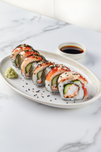 A clean and simple top-down photo of sushi rolls sliced and arranged neatly on a white ceramic plate. Each roll contains sushi rice, spicy crab filling, and cucumber wrapped in nori, topped with black sesame seeds. The setup includes a small bowl of soy sauce and wasabi. The scene is minimal with a white marble background, making the sushi the hero of the shot.