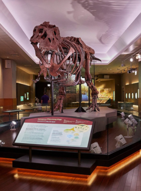 An impressive display of Sue, the largest and most complete Tyrannosaurus rex skeleton, at the Field Museum in Chicago. The image showcases the detailed features of the fossil, drawing visitors' admiration for this iconic dinosaur. Sue serves as a key attraction at the museum, emphasizing the significance of paleontology and natural history.