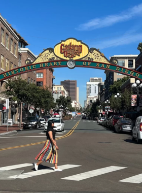 A panoramic view from Mount Soledad in San Diego, overlooking the city and coastline. The image captures the expansive vista, offering visitors a serene spot to enjoy beautiful landscapes and sunset views. Mount Soledad is a popular lookout point known for its natural beauty and memorial site honoring U.S. veterans.