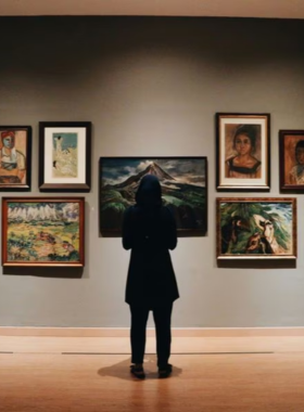 Woman at Art Gallery "A woman stands admiring an art installation at a gallery, surrounded by diverse, colorful paintings displayed on a white wall."