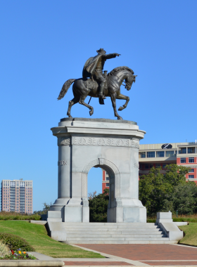 Sam Houston Monument "Sam Houston Monument in Hermann Park, Houston, featuring a bronze equestrian statue of the historic Texas leader."