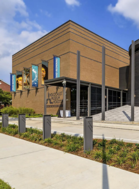 Holocaust Museum of Houston Holocaust Museum of Houston building, designed with a reflective modern aesthetic, dedicated to remembrance and education."