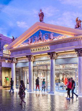luxury-shopping-balenciaga-store.jpg The Balenciaga store at Forum Shops in Las Vegas, with a modern storefront design and luxury fashion displays, located in a premier shopping destination.