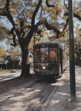 St_Charles_Avenue_New_Orleans Scenic view of St. Charles Avenue in New Orleans, featuring historic streetcars traveling along the tree-lined street with beautiful, classic architecture, showcasing the charm and elegance of this iconic avenue.