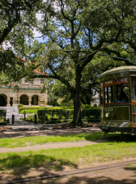 St_Charles_Avenue_Streetcar Classic streetcar running down St. Charles Avenue in New Orleans, lined with grand historic homes and shaded by large oak trees, capturing the charm of this iconic avenue.