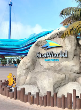 The entrance to SeaWorld San Diego, featuring ocean-themed decor and welcoming visitors to the popular marine park. The image captures the vibrant entrance area with families entering the park to enjoy marine exhibits, shows, and aquatic attractions. SeaWorld is one of San Diego’s most famous family attractions.