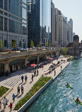 A stunning photograph of the Chicago skyline reflected in the calm waters of Lake Michigan. The image captures the architectural beauty of the city, showcasing its famous buildings against a serene backdrop. This scenic view illustrates Chicago's unique blend of nature and urban life, emphasizing the city's picturesque waterfront.