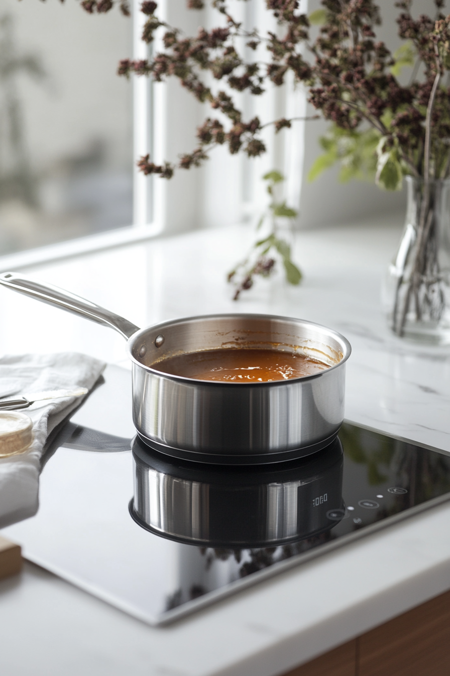 Cooking caramel to 300°F on a white marble cooktop.