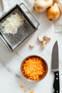 Grating Carrot and Parsnip, Chopping Garlic and Onion for Nut Roast Recipe