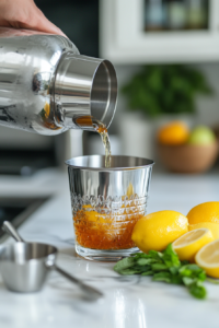 Mixing Infused Cognac, Lemon Juice, and Cointreau in a Cocktail Shaker for a Spiced Cognac Cocktail